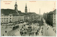 Historic view of Hauptstraße in Dresden in 1902 with streetcars and pedestrians