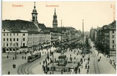 Historic view of Hauptstraße in Dresden with Dreikönigskirche church, Goldener Reiter statue, and vintage streetcar