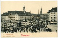 Historic view of Hauptstraße and the Golden Rider statue in Dresden