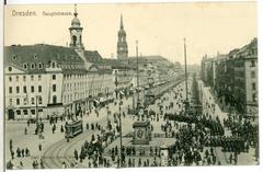 Historical view of Dresden's Hauptstraße with Dreikönigskirche church and Goldener Reiter statue in the early 1900s