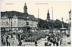 Historical scene of guard mounting ceremony on the main street in Dresden in 1915