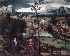 Landscape painting with travelers resting during flight, depicting lush greenery and dramatic sky