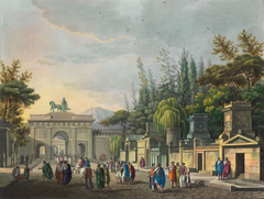 Alessandro Sanquirico's 1827 hand-colored aquatint set design for the opera L'ultimo giorno di Pompei at La Scala