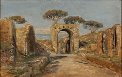 Detailed interior view of Porta Nola in Pompeii with ancient architectural ruins and scenic backdrop