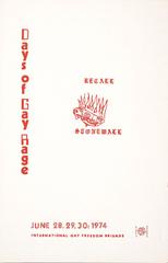 Days of Gay Rage poster promoting recall of Stonewall events from June 28 to 30, 1974 by the International Gay Freedom Brigade