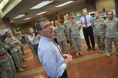 Deputy Secretary of Defense Ashton B. Carter speaking to staff in the lobby of Brook Army Medical Center during visit with wounded warriors in San Antonio