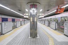 Sakuragawa Station platforms 1 and 2 on Osaka Metro Sennichimae Line with train and signage