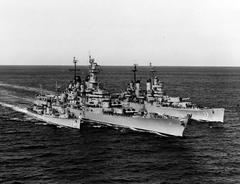 USS Buck DD-761, USS Wisconsin BB-64, and USS Saint Paul CA-73 steaming in close formation off Korean coast on 22 February 1952