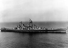 USS Wisconsin BB-64 battleship at anchor on May 30, 1944 during Atlantic shakedown