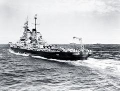 USS Wisconsin (BB-64) battleship underway with other warships in the western Pacific during World War II