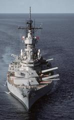 Bow view of battleship USS Wisconsin with Mark 7 16-inch-50-caliber guns trained to port before fire power demonstration Gulf of Mexico