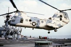 U.S. Marine Corps CH-46D Sea Knight helicopter landing on USS Wisconsin battleship during 1991 Gulf War
