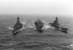 USS Sacramento fast combat support ship replenishing battleships USS Missouri and USS Wisconsin at sea during Operation Desert Shield 1991