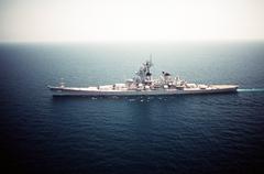 Port beam view of battleship USS Wisconsin BB-64 underway during Operation Desert Shield September 1990