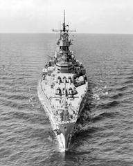 Bow view of battleship Wisconsin BB-64 underway during sea trials in the Gulf of Mexico