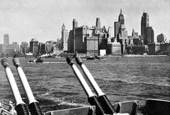View of Lower Manhattan skyline from USS Wisconsin battleship in 1951