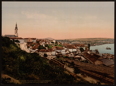 View of Belgrade from Kalemegdan featuring Saborna Crkva Cathedral and Sava River harbor