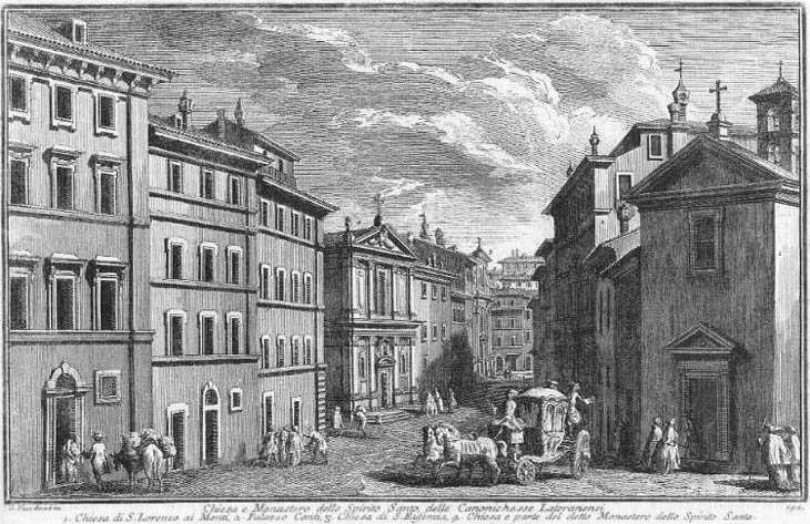 Ancient engraving of S. Lorenzo ai Monti, Palazzo Conti, S. Eufemia, and Spirito Santo in Rome