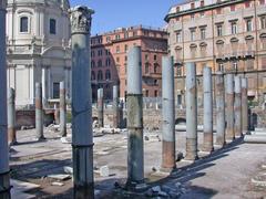 Ruins of Basilica Ulpia at Trajan's Forum in Rome with re-erected ancient columns