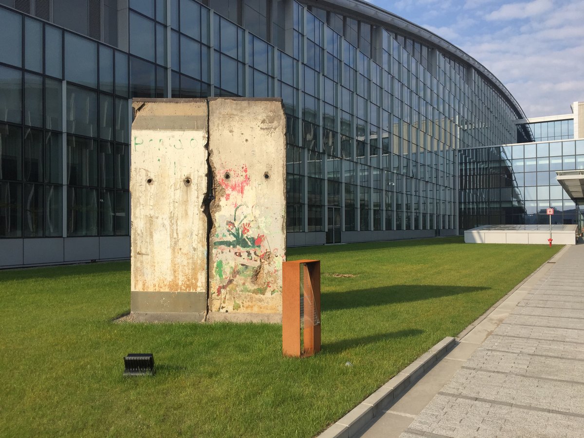Section of the Berlin Wall displayed outdoors at NATO Headquarters in Brussels, Belgium