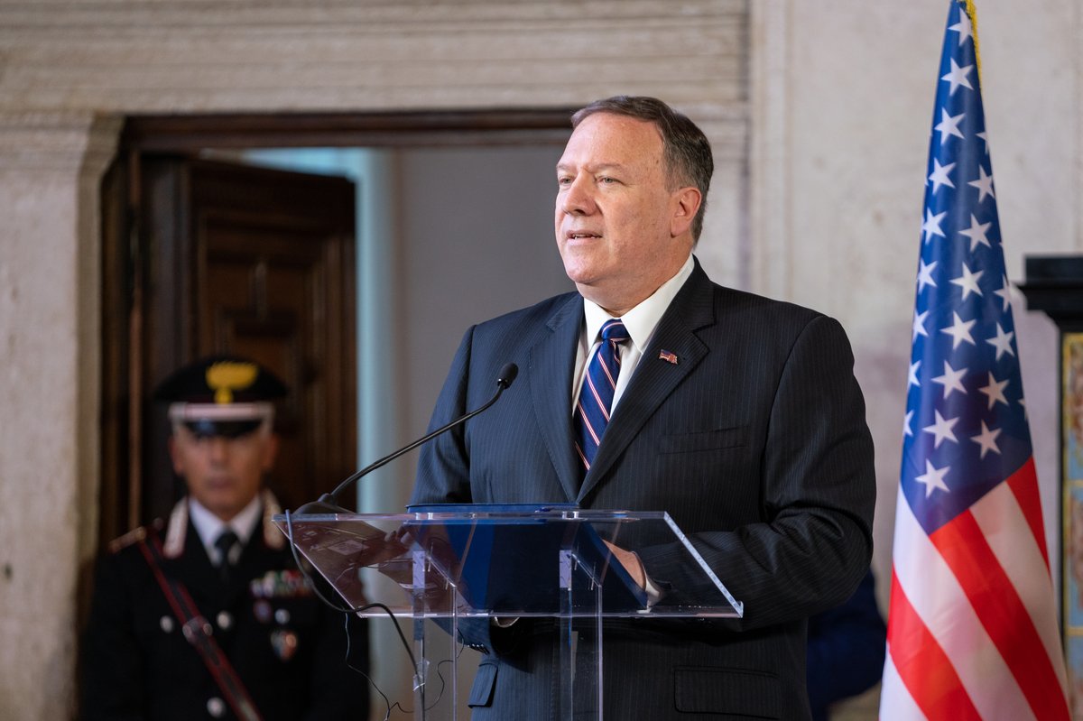 US Secretary of State Michael R. Pompeo and Italian Foreign Minister Luigi Di Maio at joint press conference Villa Madama Rome 2019