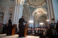President Barack Obama and Prime Minister Matteo Renzi at press conference Villa Madama Rome 2014