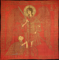 Byzantine silk podea depicting Manuel praying to Archangel Michael