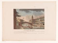 View of Ponte delle Guglie bridge over canal with buildings in Venice, Italy, hand-colored etching from 1812-1814