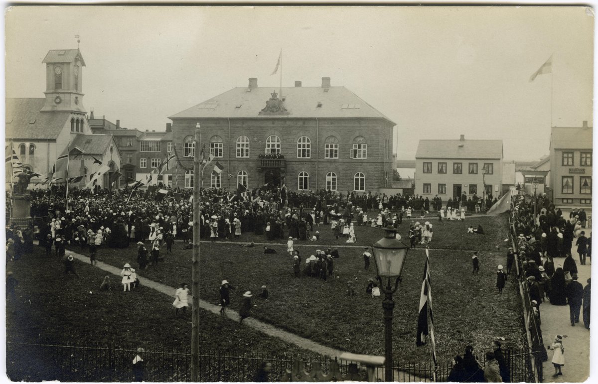 People gathering in Austurvöllur square Reykjavík celebrating women's suffrage July 7 1915