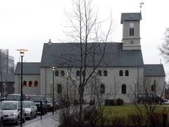 Exterior view of Domkirkja church in Reykjavík with distinct architecture