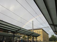 Rainbow over Saarbahn stop at Saarbrücken main train station