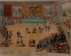 Illustrated manuscript page showing a detailed wedding ceremony description of Johann Wilhelm von Jülich-Kleve-Berg and Jakobe von Baden-Baden, dated 1585, Düsseldorf
