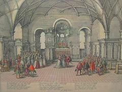 Illustrated manuscript page depicting the princely wedding of Johann Wilhelm von Jülich-Kleve-Berg and Jakobe von Baden-Baden in Düsseldorf, 1585