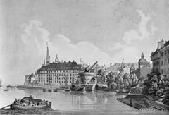 Historic colored engraving of Düsseldorf cityscape with Goethe visiting a gallery and the Jacobu brothers