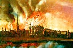 Fire devastation in Düsseldorf city and old residence castle after French artillery attack on October 6, 1794