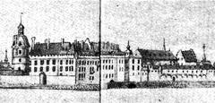 Historic ink drawing of Düsseldorf featuring Schloss on the left and Lewenhaus on the right