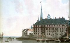 Hand-colored copper engraving of Düsseldorf with Düsseldorf Castle Westside in 1798