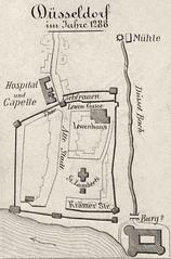 Medieval map section of Düsseldorf from 1288 showing city mill on the Düssel, Berg counts' castle, Lambertus Church, Liebfrauenthor, Liebfrauen chapel, and hospital