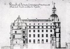 Historical drawing of Düsseldorfer Schloss castle from 1756