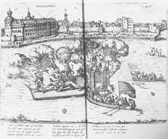 Copper engraving illustrating the princely wedding in Jülich in 1585 with Hercules' deeds theme