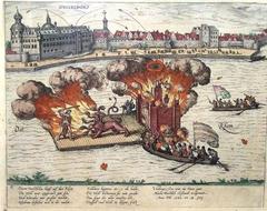 Copper engraving depicting the feats of Hercules and a fireworks display on the Rhine River from a 1587 book