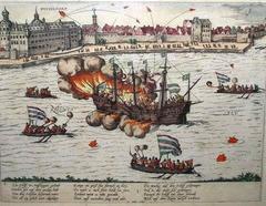 Copperplate engraving showing fireworks on ships on the Rhine River in Cologne, 1587