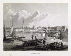 Historical view of Düsseldorf along the Rhine River around 1830