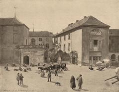Burgplatz square in 1859 with Galerie building on the left and Academy on the right, former castle site, historical drawing by A. Frank