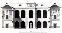 Architectural drawing of the gallery building in Stadtschloss Düsseldorf showing elevation and section views