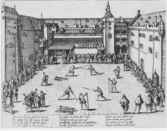 Historical copper engraving of a fencing school in the castle courtyard during a princely wedding in 1585