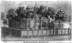Etching of Pennsylvania Hospital from 1792 on laid paper, historic print