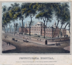 An 1838 lithograph of Pennsylvania Hospital showing a historic building with surrounding walls and trees