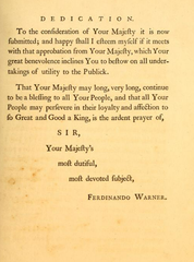 Dedication page of Ferdinando Warner's 1763 book The History of Ireland dedicated to King George III