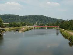 Güdingen Weir on the River Saar with water flowing and lock structure